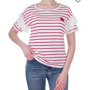 OUI Striped Cotton Summer Red & White T-Shirt W/Lace Embroided Boat Round Size 8